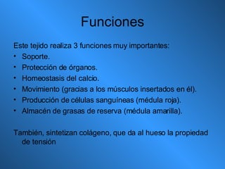 Funciones Este tejido realiza 3 funciones muy importantes: Soporte. Protección de órganos. Homeostasis del calcio. Movimiento (gracias a los músculos insertados en él). Producción de células sanguíneas (médula roja). Almacén de grasas de reserva (médula amarilla). También, sintetizan colágeno, que da al hueso la propiedad de tensión 