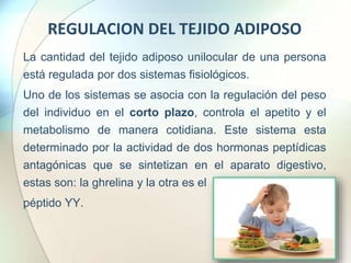 REGULACION DEL TEJIDO ADIPOSO
La cantidad del tejido adiposo unilocular de una persona
está regulada por dos sistemas fisiológicos.
Uno de los sistemas se asocia con la regulación del peso
del individuo en el corto plazo, controla el apetito y el
metabolismo de manera cotidiana. Este sistema esta
determinado por la actividad de dos hormonas peptídicas
antagónicas que se sintetizan en el aparato digestivo,
estas son: la ghrelina y la otra es el
péptido YY.
 