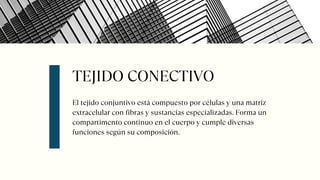 TEJIDO CONECTIVO
El tejido conjuntivo está compuesto por células y una matriz
extracelular con fibras y sustancias especializadas. Forma un
compartimento continuo en el cuerpo y cumple diversas
funciones según su composición.
 