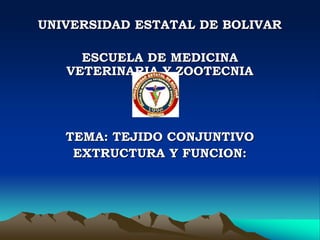 UNIVERSIDAD ESTATAL DE BOLIVAR
ESCUELA DE MEDICINA
VETERINARIA Y ZOOTECNIA
TEMA: TEJIDO CONJUNTIVO
EXTRUCTURA Y FUNCION:
 