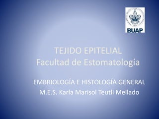 TEJIDO EPITELIAL
Facultad de Estomatología
EMBRIOLOGÍA E HISTOLOGÍA GENERAL
M.E.S. Karla Marisol Teutli Mellado
 