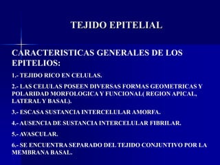 TEJIDO EPITELIAL
CARACTERISTICAS GENERALES DE LOS
EPITELIOS:
1.- TEJIDO RICO EN CELULAS.
2.- LAS CELULAS POSEEN DIVERSAS FORMAS GEOMETRICAS Y
POLARIDAD MORFOLOGICAY FUNCIONAL( REGION APICAL,
LATERAL Y BASAL).
3.- ESCASA SUSTANCIA INTERCELULAR AMORFA.
4.- AUSENCIA DE SUSTANCIA INTERCELULAR FIBRILAR.
5.- AVASCULAR.
6.- SE ENCUENTRA SEPARADO DEL TEJIDO CONJUNTIVO POR LA
MEMBRANA BASAL.
 
