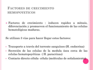 FACTORES DE CRECIMIENTO
HEMOPOYETICOS
 Factores de crecimiento : inducen rapidez a mitosis,
diferenciación y promueven el funcionamiento de las celulas
hematológicas maduras.
Se utilizan 3 vías para hacer llegar estos factores:
 Transporte a través del torrente sanguíneo (H. endocrina)
 Secreción de las celulas de la medula ósea cerca de las
celulas hematopoyéticas ( H. paracrinas)
 Contacto directo célula- célula (moléculas de señalamiento)
 