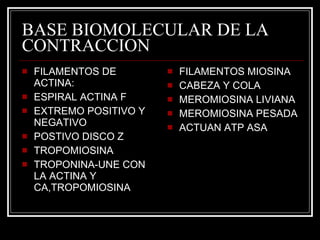BASE BIOMOLECULAR DE LA CONTRACCION FILAMENTOS DE ACTINA: ESPIRAL ACTINA F EXTREMO POSITIVO Y NEGATIVO POSTIVO DISCO Z TROPOMIOSINA  TROPONINA-UNE CON LA ACTINA Y CA,TROPOMIOSINA FILAMENTOS MIOSINA CABEZA Y COLA  MEROMIOSINA LIVIANA  MEROMIOSINA PESADA ACTUAN ATP ASA  