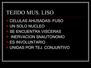 TEJIDO MUS. LISO CELULAS AHUSADAS- FUSO UN SOLO NUCLEO  SE ENCUENTRA VISCERAS INERVACION SNAUTONOMO ES INVOLUNTARIO UNIDAS POR TEJ. CONJUNTIVO  