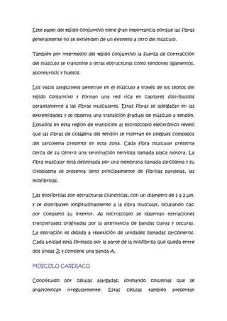 Este papel del tejido conjuntivo tiene gran importancia porque las fibras
generalmente no se extienden de un extremo a otro del músculo.
También por intermedio del tejido conjuntivo la fuerza de contracción
del músculo se transmite a otras estructuras como tendones ligamentos,
aponeurosis y huesos.
Los vasos sanguíneos penetran en el músculo a través de los septos del
tejido conjuntivo y forman una red rica en capilares distribuidos
paralelamente a las fibras musculares. Estas fibras se adelgazan en las
extremidades y se observa una transición gradual de músculo a tendón.
Estudios en esta región de transición al microscopio electrónico reveló
que las fibras de colágena del tendón se insertan en pliegues complejos
del sarcolema presente en esta zona. Cada fibra muscular presenta
cerca de su centro una terminación nerviosa llamada placa motora. La
fibra muscular está delimitada por una membrana llamada sarcolema y su
citoplasma se presenta lleno principalmente de fibrillas paralelas, las
miofibrillas.
Las miofibrillas son estructuras cilíndricas, con un diámetro de 1 a 2 µm.
y se distribuyen longitudinalmente a la fibra muscular, ocupando casi
por completo su interior. Al microscopio se observan estriaciones
transversales originadas por la alternancia de bandas claras y oscuras.
La estriación es debida a repetición de unidades llamadas sarcómeros.
Cada unidad está formada por la parte de la miofibrilla que queda entre
dos líneas Z y contiene una banda A.
MÚSCULO CARDIACO
Constituido
anastomosan

por

células

alargadas,

irregularmente.

Estas

formando
células

columnas
también

que

se

presentan

 