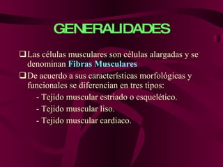 GENERALIDADES Las células musculares son células alargadas y se denominan  Fibras Musculares De acuerdo a sus características morfológicas y funcionales se diferencian en tres tipos: - Tejido muscular estriado o esquelético. - Tejido muscular liso. - Tejido muscular cardiaco. 