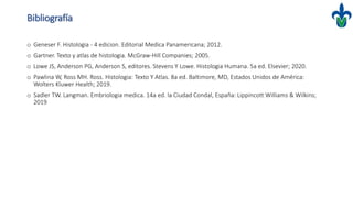 Bibliografía
o Geneser F. Histologia - 4 edicion. Editorial Medica Panamericana; 2012.
o Gartner. Texto y atlas de histologia. McGraw-Hill Companies; 2005.
o Lowe JS, Anderson PG, Anderson S, editores. Stevens Y Lowe. Histologia Humana. 5a ed. Elsevier; 2020.
o Pawlina W, Ross MH. Ross. Histologia: Texto Y Atlas. 8a ed. Baltimore, MD, Estados Unidos de América:
Wolters Kluwer Health; 2019.
o Sadler TW. Langman. Embriologia medica. 14a ed. la Ciudad Condal, España: Lippincott Williams & Wilkins;
2019
 