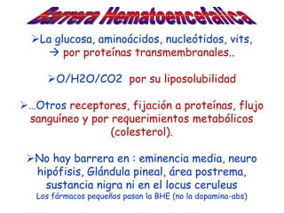 La glucosa, aminoácidos, nucleótidos, vits,
      por proteínas transmembranales..

     O/H2O/CO2 por su liposolubilidad

…Otros receptores, fijación a proteínas, flujo
 sanguíneo y por requerimientos metabólicos
                 (colesterol).

 No hay barrera en : eminencia media, neuro
  hipófisis, Glándula pineal, área postrema,
    sustancia nigra ni en el locus ceruleus
   Los fármacos pequeños pasan la BHE (no la dopamina-abs)
 