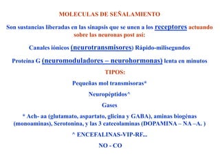 MOLECULAS DE SEÑALAMIENTO

Son sustancias liberadas en las sinapsis que se unen a los receptores actuando
                          sobre las neuronas post así:

        Canales iónicos (neurotransmisores) Rápido-milisegundos

  Proteína G (neuromoduladores – neurohormonas) lenta en minutos
                                     TIPOS:
                        Pequeñas mol transmisoras*
                               Neuropéptidos^
                                    Gases
     * Ach- aa (glutamato, aspartato, glicina y GABA), aminas biogénas
  (monoaminas), Serotonina, y las 3 catecolaminas (DOPAMINA – NA –A. )
                        ^ ENCEFALINAS-VIP-RF...
                                  NO - CO
 
