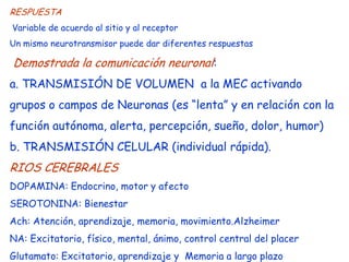 RESPUESTA
Variable de acuerdo al sitio y al receptor
Un mismo neurotransmisor puede dar diferentes respuestas

Demostrada la comunicación neuronal:
a. TRANSMISIÓN DE VOLUMEN a la MEC activando
grupos o campos de Neuronas (es “lenta” y en relación con la
función autónoma, alerta, percepción, sueño, dolor, humor)
b. TRANSMISIÓN CELULAR (individual rápida).
RIOS CEREBRALES
DOPAMINA: Endocrino, motor y afecto
SEROTONINA: Bienestar
Ach: Atención, aprendizaje, memoria, movimiento.Alzheimer
NA: Excitatorio, físico, mental, ánimo, control central del placer
Glutamato: Excitatorio, aprendizaje y Memoria a largo plazo
 