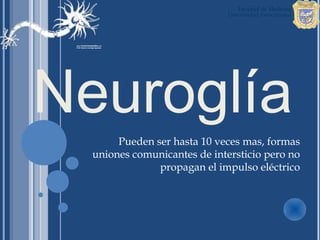 Neuroglía
       Pueden ser hasta 10 veces mas, formas
  uniones comunicantes de intersticio pero no
               propagan el impulso eléctrico
 