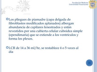 Los pliegues de piamadre (capa delgada de
 fibroblastos modificados aplanados) albergan
 abundancia de capilares fenestrados y están
 revestidos por una cubierta celular cuboidea simple
 (ependimaria) que se extiende a los ventrículos y
 forma los plexos.

LCR de 14 a 36 ml/hr, se restablece 4 o 5 veces al
 día
 