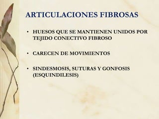 ARTICULACIONES FIBROSAS
• HUESOS QUE SE MANTIENEN UNIDOS POR
TEJIDO CONECTIVO FIBROSO
• CARECEN DE MOVIMIENTOS
• SINDESMOSIS, SUTURAS Y GONFOSIS
(ESQUINDILESIS)
 