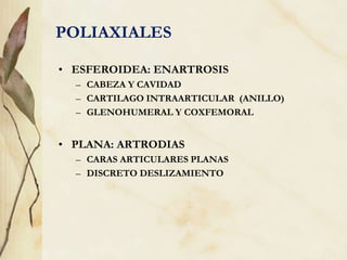 POLIAXIALES
• ESFEROIDEA: ENARTROSIS
– CABEZA Y CAVIDAD
– CARTILAGO INTRAARTICULAR (ANILLO)
– GLENOHUMERAL Y COXFEMORAL
• PLANA: ARTRODIAS
– CARAS ARTICULARES PLANAS
– DISCRETO DESLIZAMIENTO
 