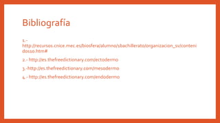 Bibliografía
1.-
http://recursos.cnice.mec.es/biosfera/alumno/1bachillerato/organizacion_sv/conteni
dos10.htm#
2.- http://es.thefreedictionary.com/ectodermo
3.-http://es.thefreedictionary.com/mesodermo
4.- http://es.thefreedictionary.com/endodermo
 