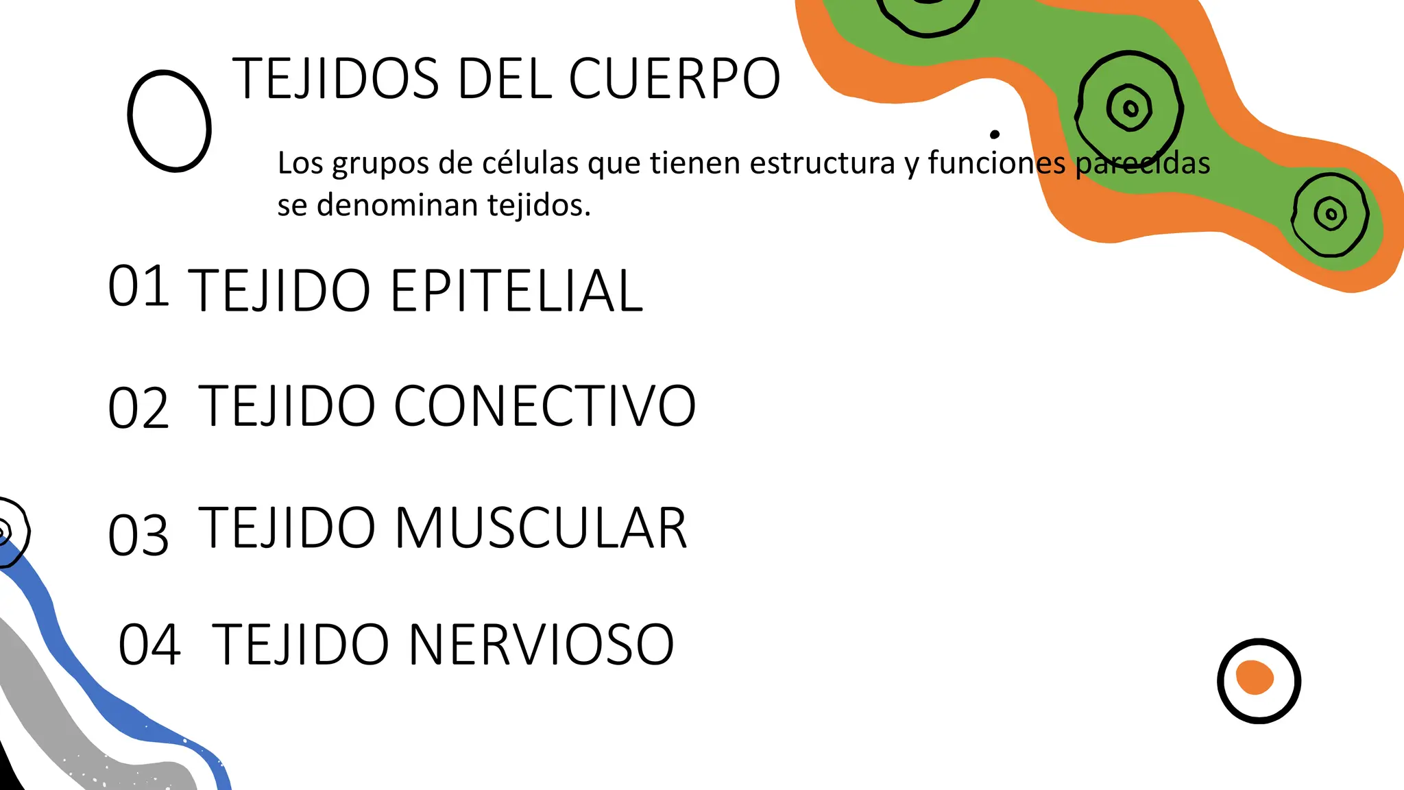 TEJIDO EPITELIAL
02
01
04
03
TEJIDOS DEL CUERPO
TEJIDO CONECTIVO
TEJIDO MUSCULAR
TEJIDO NERVIOSO
Los grupos de células que tienen estructura y funciones parecidas
se denominan tejidos.
 
