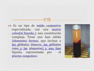 
 Es un tipo de tejido conjuntivo
especializado, con una matriz
coloidal líquida y una constitución
compleja. Tiene una fase sólida
(elementos formes, que incluye a
los glóbulos blancos, los glóbulos
rojos y las plaquetas) y una fase
líquida, representada por el
plasma sanguíneo.
 