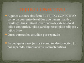 TEJIDO CONECTIVO
Algunos autores clasifican EL TEJIDO CONECTIVO
como un conjunto de tejidos que tienen matriz ,
células y fibras. Introducen dentro de este tejido al
tejido conjuntivo, tejido cartilaginoso tejido adiposo y
tejido óseo
Otros autores los estudian por separado
En cualquier caso: juntos ( como tejido conectivo ) o
por separado, vamos a ver sus características
 