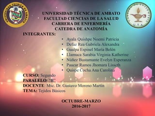 UNIVERSIDAD TÉCNICA DE AMBATO
FACULTAD CIENCIAS DE LA SALUD
CARRERA DE ENFERMERÍA
CATEDRA DE ANATOMÍA
INTEGRANTES:
• Ayala Quishpe Noemí Patricia
• Defaz Rea Gabriela Alexandra
• Gualpa Espinel María Belén
• Llamuca Sarabia Virginia Katherine
• Núñez Bustamante Evelyn Esperanza
• Paucar Ramos Jhomara Lisseth
• Quispe Cocha Ana Carolina
CURSO: Segundo
PARALELO: “B”
DOCENTE: Msc. Dr. Gustavo Moreno Martín
TEMA: Tejidos Básicos
OCTUBRE-MARZO
2016-2017
 