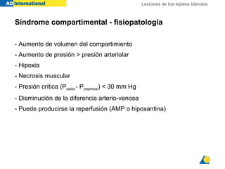 Lesiones de los tejidos blandos
Síndrome compartimental - fisiopatología
- Aumento de volumen del compartimiento
- Aumento de presión > presión arteriolar
- Hipoxia
- Necrosis muscular
- Presión crítica (Pdiastólica - Pcompartimiento) < 30 mm Hg
- Disminución de la diferencia arterio-venosa
- Puede producirse la reperfusión (AMP o hipoxantina)
 