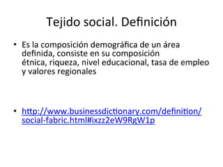 Tejido	
  social.	
  Deﬁnición	
  
•  Es	
  la	
  composición	
  demográﬁca	
  de	
  un	
  área	
  
deﬁnida,	
  consiste	
  en	
  su	
  composición	
  
étnica,	
  riqueza,	
  nivel	
  educacional,	
  tasa	
  de	
  empleo	
  
y	
  valores	
  regionales	
  
	
  
	
  
•  hQp://www.businessdic0onary.com/deﬁni0on/
social-­‐fabric.html#ixzz2eW9RgW1p	
  
	
  	
  
	
  
 