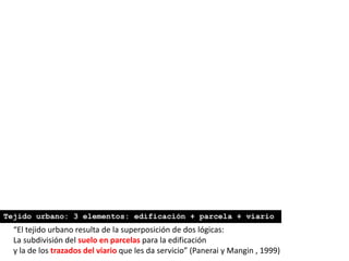 “El tejido urbano resulta de la superposición de dos lógicas:
La subdivisión del suelo en parcelas para la edificación
y la de los trazados del viario que les da servicio” (Panerai y Mangin , 1999)
Tejido urbano: 3 elementos: edificación + parcela + viario
 