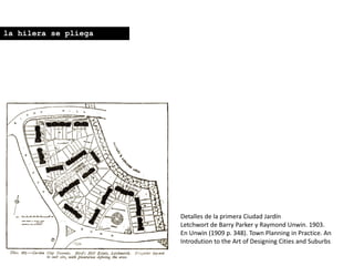 Detalles de la primera Ciudad Jardín
Letchwort de Barry Parker y Raymond Unwin. 1903.
En Unwin (1909 p. 348). Town Planning in Practice. An
Introdution to the Art of Designing Cities and Suburbs
la hilera se pliega
 