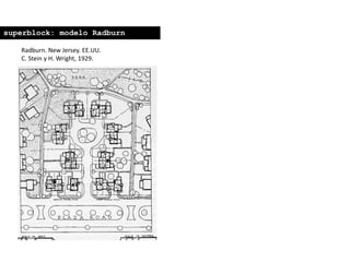 Radburn. New Jersey. EE.UU.
C. Stein y H. Wright, 1929.
superblock: modelo Radburn
 