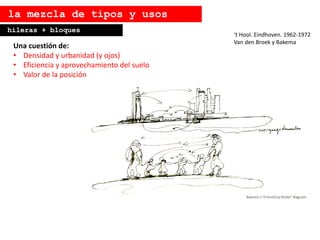 Una cuestión de:
• Densidad y urbanidad (y ojos)
• Eficiencia y aprovechamiento del suelo
• Valor de la posición
hileras + bloques
la mezcla de tipos y usos
‘t Hool. Eindhoven. 1962-1972
Van den Broek y Bakema
 