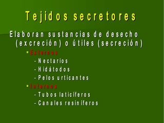 T e j id o s s e c r e t o r e s
E la b o r a n s u s t a n c ia s d e d e s e c h o
  ( e x c r e c ió n ) o ú t ile s ( s e c r e c ió n )
      Ex tern o s
          – N e c t a r io s
          – H id á t o d o s
          – P e lo s u r t ic a n t e s
      I n te rn o s
          – T u b o s la t ic íf e r o s
          – C a n a le s r e s in íf e r o s
 