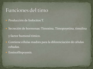 Producción de linfocitos T.
Secreción de hormonas: Timosina, Timopoyetina, timulina
y factor humoral tímico.
Contiene células madres para la diferenciación de células
cebadas.
Eosinofilopoyesis.
 