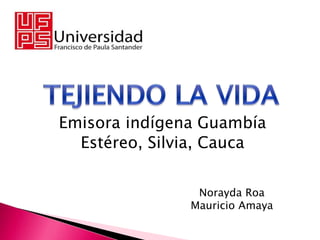 Emisora indígena Guambía
Estéreo, Silvia, Cauca
Norayda Roa
Mauricio Amaya
 