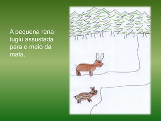 A pequena rena fugiu assustada para o meio da mata.