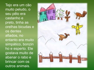 Tejo era um cão muito peludo, o seu pêlo era castanho e preto, tinha as orelhas bicudas e os dentes afiados, no entanto era muito simpático, bonzinho e esperto. Ele gostava muito de abanar o rabo e brincar com os outros animais.