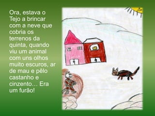 Ora, estava o Tejo a brincar com a neve que cobria os terrenos da quinta, quando viu um animal com uns olhos muito escuros, ar de mau e pêlo castanho e cinzento… Era um furão! 