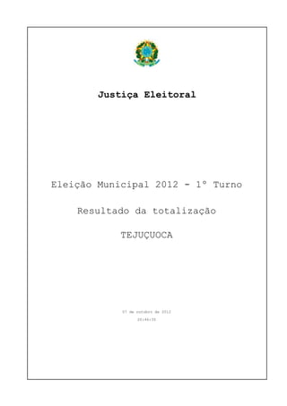 Justiça Eleitoral
Eleição Municipal 2012 - 1º Turno
Resultado da totalização
TEJUÇUOCA
07 de outubro de 2012
20:46:35
 