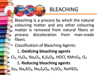 Bleaching Reciepe
1. Desizing
0.3% Desize soln
0.4% Soap soln
2. Hot wash
4.5% NaoH boiling
H₂O₂ 1%
Stabilizer 0.25%
3. Bl...