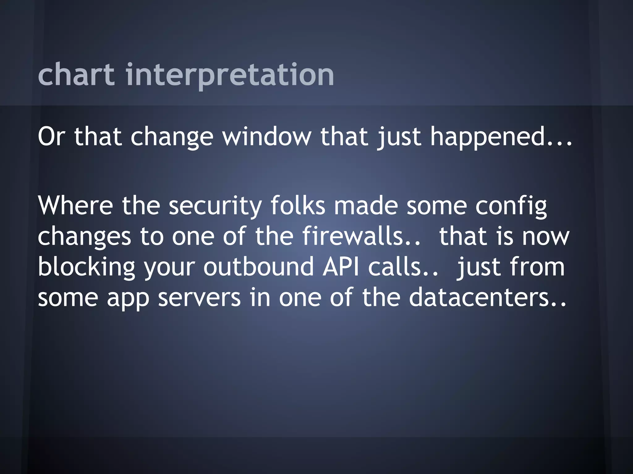 chart interpretation
Or that change window that just happened...
 
Where the security folks made some config
changes to one of the firewalls.. that is now
blocking your outbound API calls.. just from
some app servers in one of the datacenters..
 