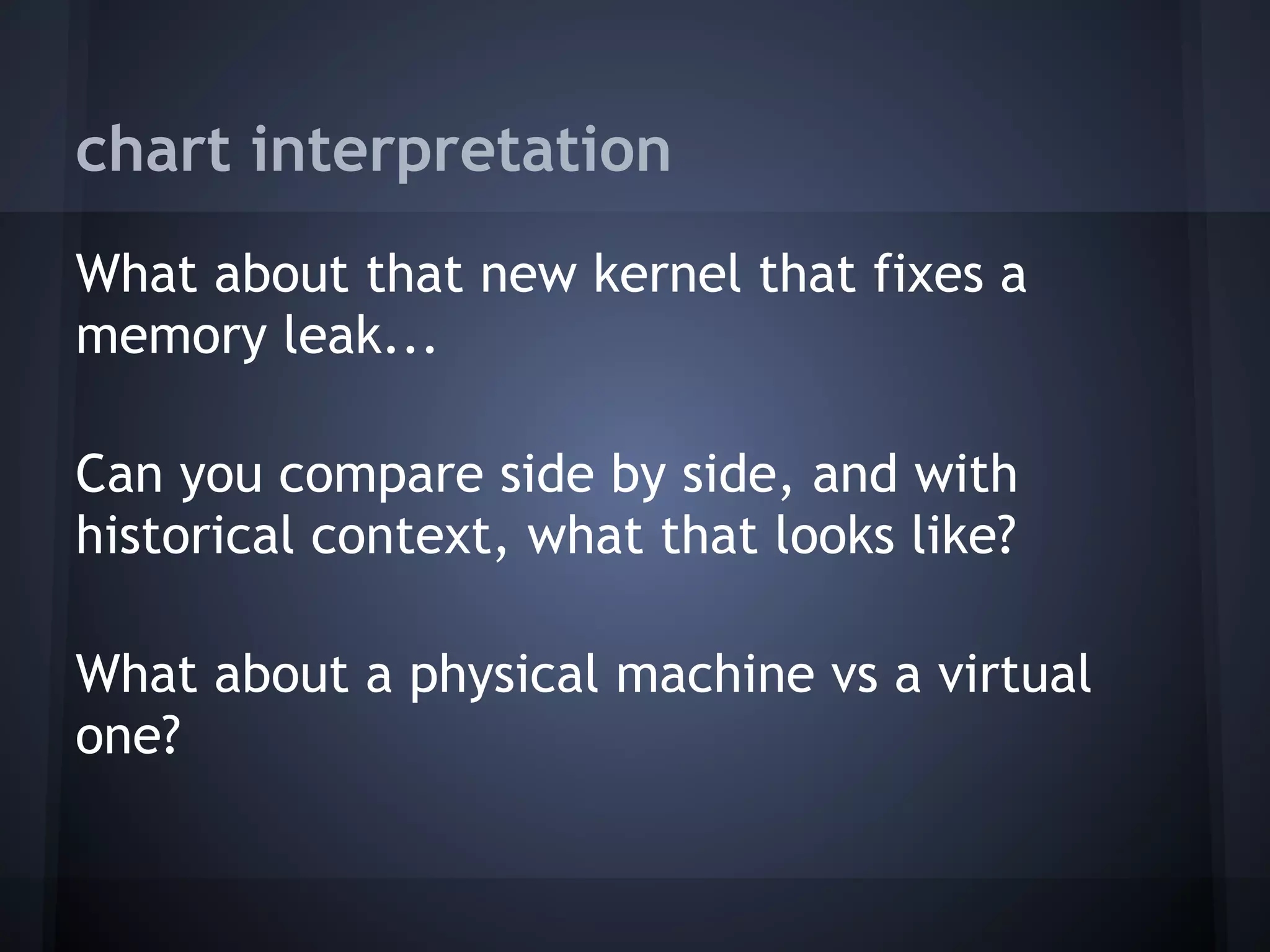 chart interpretation
What about that new kernel that fixes a
memory leak...
 
Can you compare side by side, and with
historical context, what that looks like?
 
What about a physical machine vs a virtual
one?
 