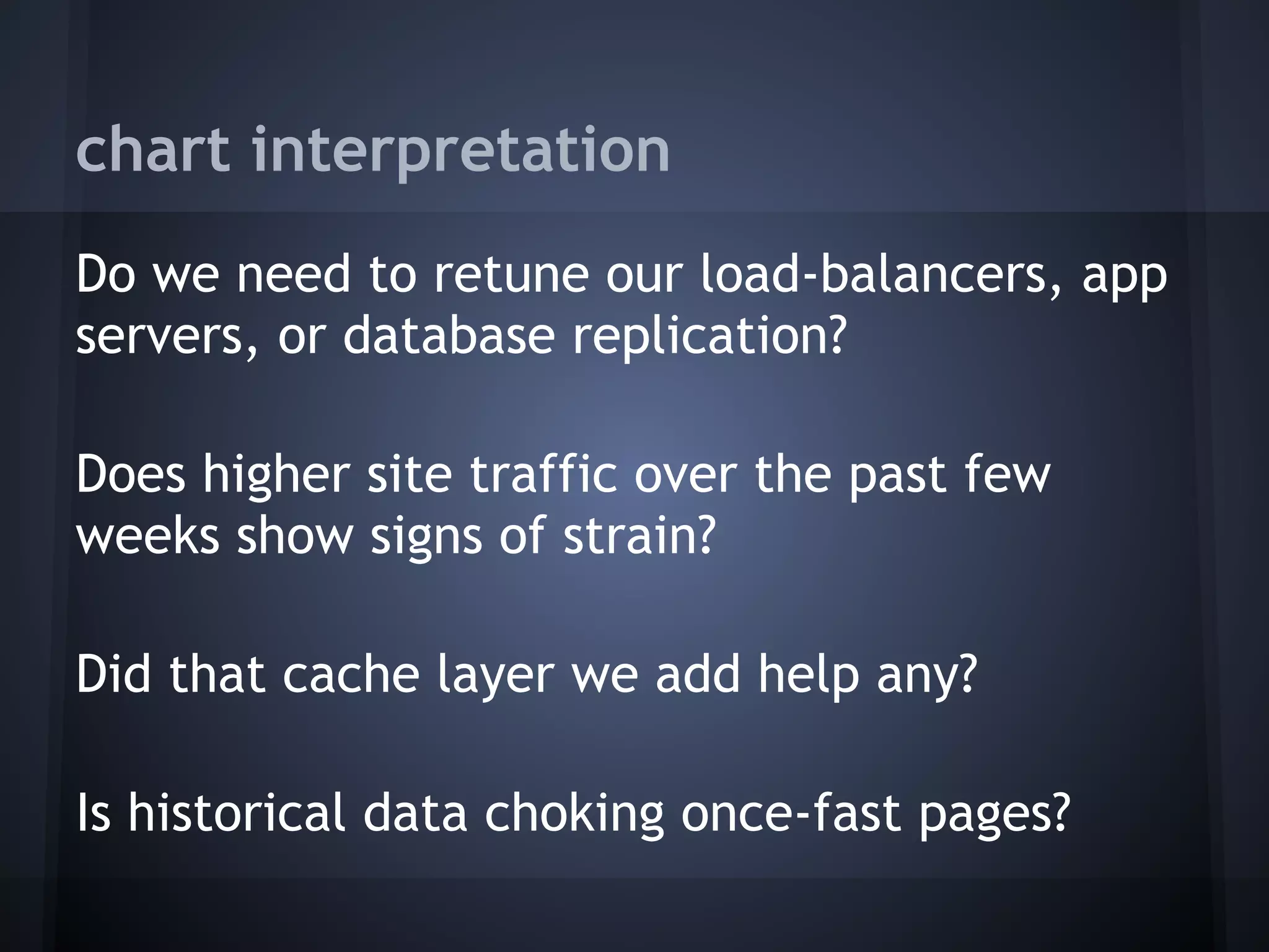 chart interpretation
Do we need to retune our load-balancers, app
servers, or database replication?
 
Does higher site traffic over the past few
weeks show signs of strain?
 
Did that cache layer we add help any?
 
Is historical data choking once-fast pages?
 