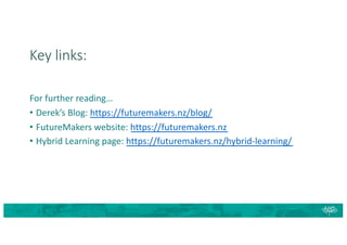 Key links:
For further reading…
• Derek’s Blog: https://futuremakers.nz/blog/
• FutureMakers website: https://futuremakers.nz
• Hybrid Learning page: https://futuremakers.nz/hybrid-learning/
 