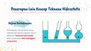 Penerapan Lain Konsep Tekanan Hidrostatis
Bejana Berhubungan
Permukaan zat cair akan sama
rata jika zat cairnya sejenis, hal ini
dikarena "tekanan hidrostatis"
akan sama pada titik ketinggian
yang sama.
 
