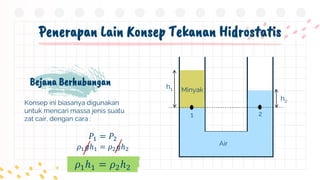 Penerapan Lain Konsep Tekanan Hidrostatis
Bejana Berhubungan
Konsep ini biasanya digunakan
untuk mencari massa jenis suatu
zat cair, dengan cara :
Air
Minyak
1 2
𝜌1ℎ1 = 𝜌2ℎ2
𝑃1 = 𝑃2
𝜌1𝑔ℎ1 = 𝜌2𝑔ℎ2
h2
h1
 