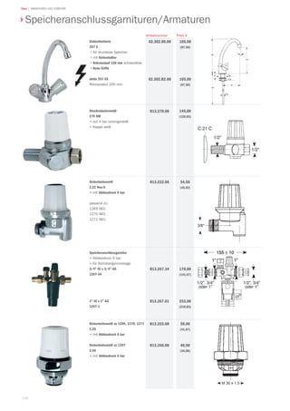 108
Teka | ARMATUREN UND ZUBEHÖR
Druckreduzierventil
270 NW
•	auf 4 bar voreingestellt
•	Kappe weiß
145,00
(120,83)
Preis €
R13.270.00
Artikelnummer
Sicherheitsventil
2.22 Neu-6
•	mit Abblasdruck 6 bar
passend zu:
1269 NEU
1270 NEU
1271 NEU
54,50
(45,42)
R13.222.06
Speicheranschlussgarnitur
•	Abblasdruck 6 bar
•	für Rohrstangenmontage
3/4 IG x 3/4 AG
1267-34
1 IG x 1 AG
1267-1
170,00
(141,67)
253,00
(210,83)
R13.267.34
R13.267.01
Sicherheitsventil zu 1269, 1270, 1271
2.25
•	mit Abblasdruck 6 bar
Sicherheitsventil zu 1267
2.66
•	mit Abblasdruck 6 bar
50,00
(41,67)
40,90
(34,08)
R13.225.00
R13.266.00
Speicheranschlussgarnituren/Armaturen
Einlochbatterie
257 E
•für drucklose Speicher
•mit Kettenhalter
•Rohrauslauf 130 mm schwenkbar
•Reno Griffe
detto 257 ES
Rohrauslauf 200 mm
105,00
(87,50)
105,00
(87,50)
02.302.00.00
02.302.B2.00
 