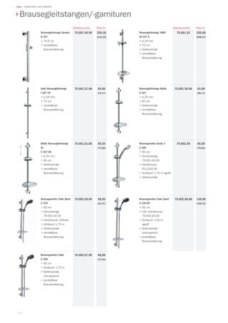 116
Teka | ARMATUREN UND ZUBEHÖR
Brausegleitstangen/-garnituren
Preis €Artikelnummer
89,50
(74,58)
Preis €Artikelnummer
83,00
(69,17)
85,00
(70,83)
130,00
(108,33)
79.002.88.00
Baltic Brausegleitstange
XL
C 427-95
• ø 25 mm
• 95 cm
• Seifenschale
• verstellbare
Brausehalterung
79.001.61.00 Brausegarnitur Arctic 1
S 420
• 60 cm
• Schubstange
79.001.50.00
• Handbrause
R13.162.00
• Schlauch 1,75 m agraff
• Seifenschale
79.002.50
Brausegleitstange Baltic
S 427
• ø 25 mm
• 60 cm
• Seifenschale
• verstellbare
Brausehalterung
79.001.50.00
Brausegarnitur Calm Sport
C 470
• 60 cm
• Schubstange
79.001.50.00
• Handbrause 3-Strahl
• Schlauch 1,75 m
• Seifenschale
• verstellbare
Brausehalterung
79.002.66.00
Brausegarnitur Calm
C 420
• 60 cm
• Schlauch 1,75 m
• Seifenschale
(transparent)
• verstellbare
Brausehalterung
79.002.67.00
Brausegarnitur Calm Sport
C 470-95
• 95 cm
• inkl. Handbrause
79.003.65.00
• Schlauch 1,50 m
agraff
• Seifenschale
(transparent)
• verstellbare
Brausehalterung
98,00
(81,67)
88,00
(73,33)
Brausegleitstange Quadro
Q 427
• 70,5 cm
• verstellbare
Brausehalterung
79.001.59.00
Indic Brausegleitstange
I 427-70
• ø 18 mm
• 70 cm
• verstellbare
Brausehalterung
79.001.51.00
79.001.52Brausegleitstange 1800
VE 227 G
• ø 19 mm
• 70 cm
• Seifenschale
• verstellbare
Brausehalterung
259,50
(216,25)
95,00
(79,17)
320,00
(266,67)
 