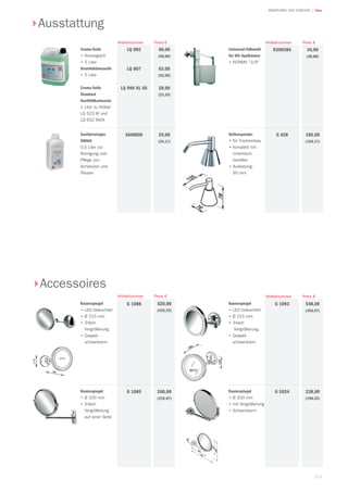 123
| TekaARMATUREN UND ZUBEHÖR
Preis €Artikelnummer
Creme-Seife
•	Norwegisch
•	5 Liter
Desinfektionsseife
•	5 Liter
Creme-Seife
Standard
Nachfüllkartusche
1 Liter zu Artikel
LQ 523 W und
LQ 632 INOX
60,00
(50,00)
63,00
(52,50)
28,00
(23,33)
Preis €
LQ 802
LQ 807
LQ 990 KL 05
Artikelnummer
Sanitärreiniger
SWIAG
0,5 Liter zur
Reinigung und
Pflege von
Armaturen und
Fliesen
29,00
(24,17)
SANREIN
Rasierspiegel
•	LED beleuchtet
•	Ø 215 mm
•	3-fach
Vergrößerung
•	Doppel-
schwenkarm
520,00
(433,33)
G 1088
Rasierspiegel
•	Ø 200 mm
•	3-fach
Vergrößerung
auf einer Seite
260,00
(216,67)
G 1085 Rasierspiegel
•	Ø 200 mm
•	mit Vergrößerung
•	Schwenkarm
238,00
(198,33)
G 5524
Rasierspiegel
•	LED beleuchtet
•	Ø 215 mm
•	3-fach
Vergrößerung
•	Doppel-
schwenkarm
548,00
(456,67)
G 1093
Seifenspender
•	für Tischeinbau
•	komplett mit
Untertisch-
behälter
•	Ausladung:
95 mm
185,00
(154,17)
G 628
Universal-Füllventil
für WC-Spülkästen
•	NORMA 3/8
36,00
(30,00)
R300386
Preis €Artikelnummer
Ausstattung
Accessoires
Preis €Artikelnummer
 