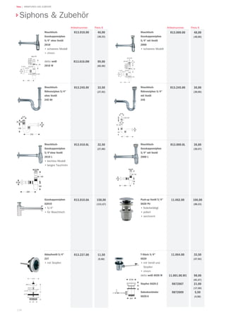 128
Teka | ARMATUREN UND ZUBEHÖR
Waschtisch-
Gusskappensiphon
5/4 ohne Ventil
2010
•	schweres Modell
•	chrom
detto weiß
2010 W
46,00
(38,33)
99,00
(82,50)
Preis €
R13.010.00
R13.010.0W
Artikelnummer
Waschtisch-
Röhrensiphon 5/4
ohne Ventil
245 0V
33,50
(27,92)
R13.245.0V
Waschtisch-
Gusskappensiphon
5/4ohne Ventil
2010 L
•	leichtes Modell
•	langes Tauchrohr
32,50
(27,08)
R13.010.0L
Gusskappensiphon
A2010
•	5/4
•	für Waschtisch
158,00
(131,67)
R13.010.0A
Ablaufventil 5/4
237
•	mit Stopfen
11,50
(9,58)
R13.237.00 T-Stück 5/4
6620
•	mit Ventil und
Stopfen
•	chrom
detto weiß 6620 W
Stopfen 6620-2
Gelenkverbinder
6620-6
33,50
(27,92)
98,00
(81,67)
21,00
(17,50)
5,50
(4,58)
11.064.00
11.001.00.W1
R872007
R872009
Push-up Ventil 5/4
6620 PU
•	federbetätigt
•	poliert
•	verchromt
106,00
(88,33)
11.062.00
Waschtisch-
Gusskappensiphon
5/4 mit Ventil
2000 L
36,80
(30,67)
R13.000.0L
Waschtisch-
Röhrensiphon 5/4
mit Ventil
245
36,00
(30,00)
R13.245.00
Waschtisch-
Gusskappensiphon
5/4 mit Ventil
2000
•	schweres Modell
48,00
(40,00)
R13.000.00
Preis €Artikelnummer
Siphons  Zubehör
 