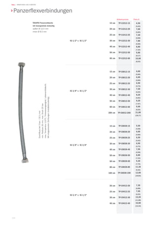 130
Teka | ARMATUREN UND ZUBEHÖR
TEKAPEX Panzerschläuche
mit Innengewinde beidseitig
außen Ø 12,5 mm
innen Ø 8,5 mm
Durchflussbei3bar/32l./min
min.Radiues26mm,max.Druck20bar
max.Temperatur110°C,Trinkwassergeeignet,Lebensmittelecht.
MiteingepresstenDichtungen(installationsfertig).
IG 1/2 x IG 1/2
15 cm
20 cm
25 cm
30 cm
40 cm
50 cm
60 cm
6,50
(5,42)
7,00
(5,83)
7,30
(6,08)
7,80
(6,50)
8,80
(7,33)
9,80
(8,17)
10,00
(8,33)
TP-I12I12-15
TP-I12I12-20
TP-I12I12-25
TP-I12I12-30
TP-I12I12-40
TP-I12I12-50
TP-I12I12-60
Preis €Artikelnummer
Panzerflexverbindungen
IG 3/8 x IG 1/2
15 cm
20 cm
25 cm
30 cm
40 cm
50 cm
60 cm
200 cm 
TP-I38I12-15
TP-I38I12-20
TP-I38I12-25
TP-I38I12-30
TP-I38I12-40
TP-I38I12-50
TP-I38I12-60
TP-I38I12-200
IG 3/8 x IG 3/8
15 cm
20 cm
25 cm
30 cm
40 cm
50 cm
60 cm
80 cm 
100 cm
TP-I38I38-15
TP-I38I38-20
TP-I38I38-25
TP-I38I38-30
TP-I38I38-40
TP-I38I38-50
TP-I38I38-60
TP-I38I38-80
TP-I38I38-100
IG 3/4 x IG 1/2
20 cm
25 cm
30 cm
40 cm
TP-I34I12-20
TP-I34I12-25
TP-I34I12-30
TP-I34I12-40
6,00
(5,00)
6,00
(5,00)
6,90
(5,75)
7,50
(6,25)
8,20
(6,83)
9,20
(7,67)
9,90
(8,25)
21,80
(18,17)
5,50
(4,58)
6,00
(5,00)
6,50
(5,42)
6,90
(5,75)
7,90
(6,58)
8,80
(7,33)
9,30
(7,75)
11,30
(9,42)
13,00
(10,83)
7,30
(6,08)
7,50
(6,25)
13,20
(11,00)
16,00
(13,33)
 