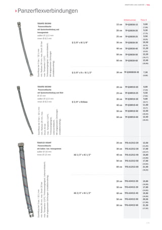 131
| TekaARMATUREN UND ZUBEHÖR
TEKAPEX BICONO
Panzerschläuche
mit Quetschverbindung und
Innengewinde
außen Ø 12,5 mm
innen Ø 8,5 mmDurchflussbei3bar/32l./min
min.Radiues26mm,max.Druck20bar
max.Temperatur110°C,
Trinkwassergeeignet,Lebensmittelecht.
MiteingepresstenDichtungen
(installationsfertig).
Q 3/8 x IG 3/8
15 cm
20 cm
25 cm
30 cm
40 cm
50 cm
60 cm
TP-Q38I38-15
TP-Q38I38-20
TP-Q38I38-25
TP-Q38I38-30
TP-Q38I38-40
TP-Q38I38-50
TP-Q38I38-60
Preis €Artikelnummer
Panzerflexverbindungen
Q 3/8 x 8 x IG 1/2
Q 3/8 x R10mm
20 cm
25 cm
30 cm
40 cm
50 cm
60 cm
TP-Q38R10-20
TP-Q38R10-25
TP-Q38R10-30
TP-Q38R10-40
TP-Q38R10-50
TP-Q38R10-60
30 cm TP-Q38X8I38-30
TEKAPEX BICONO
Panzerschläuche
mit Quetschverbindung und Rohr
Ø 10 mm
außen Ø 12,5 mm
innen Ø 8,5 mm
Durchflussbei3bar/32l./min
min.Radiues26mm,max.
Druck20bar
max.Temperatur110°C,
Trinkwassergeeignet,
Lebensmittelecht.
MiteingepresstenDichtungen
(installationsfertig).
AG 1/2 x IG 1/2
TEKAFLEX GIGANT
Panzerschläuche
mit Außen- bzw. Innengewinde
außen Ø 19 mm
innen Ø 13 mm
Durchflussbei3bar/32l./min
min.Radiues26mm,max.Druck20bar
max.Temperatur110°C,Trinkwassergeeignet,Lebensmittelecht.
MiteingepresstenDichtungen(installationsfertig).
20 cm
30 cm
40 cm
50 cm
60 cm
TFG-A12I12-20
TFG-A12I12-30
TFG-A12I12-40
TFG-A12I12-50
TFG-A12I12-60
AG 3/4 x IG 1/2
20 cm
30 cm
40 cm
50 cm
60 cm
TFG-A34I12-20
TFG-A34I12-30
TFG-A34I12-40
TFG-A34I12-50
TFG-A34I12-60
9,00
(7,50)
9,30
(7,75)
9,90
(8,25)
10,50
(8,75)
11,20
(9,33)
12,20
(10,17)
12,60
(10,50)
7,30
(6,08)
8,80
(7,33)
9,50
(7,92)
9,80
(8,17)
11,00
(9,17)
12,50
(10,42)
12,50
(10,42)
13,50
(11,25)
17,00
(14,17)
16,80
(14,00)
17,90
(14,92)
21,90
(18,25)
19,80
(16,50)
17,80
(14,83)
19,80
(16,50)
20,50
(17,08)
21,50
(17,92)
 